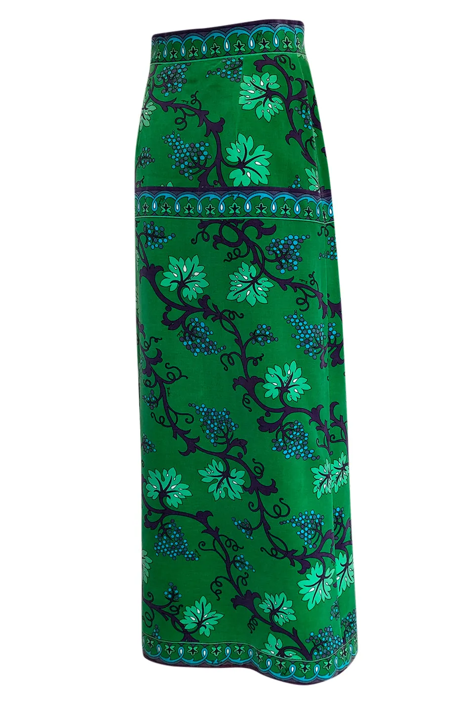 1960s Emilio Pucci Green Velvet Grape Vine Print Full Length Maxi Skirt