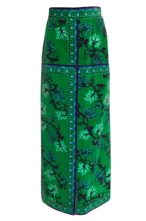 1960s Emilio Pucci Green Velvet Grape Vine Print Full Length Maxi Skirt