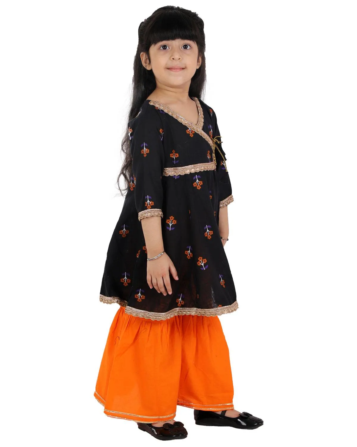 Ahhaaaa Cotton Jaipuri Anarkali Kurti-Orange Sharara Set For Baby Girls