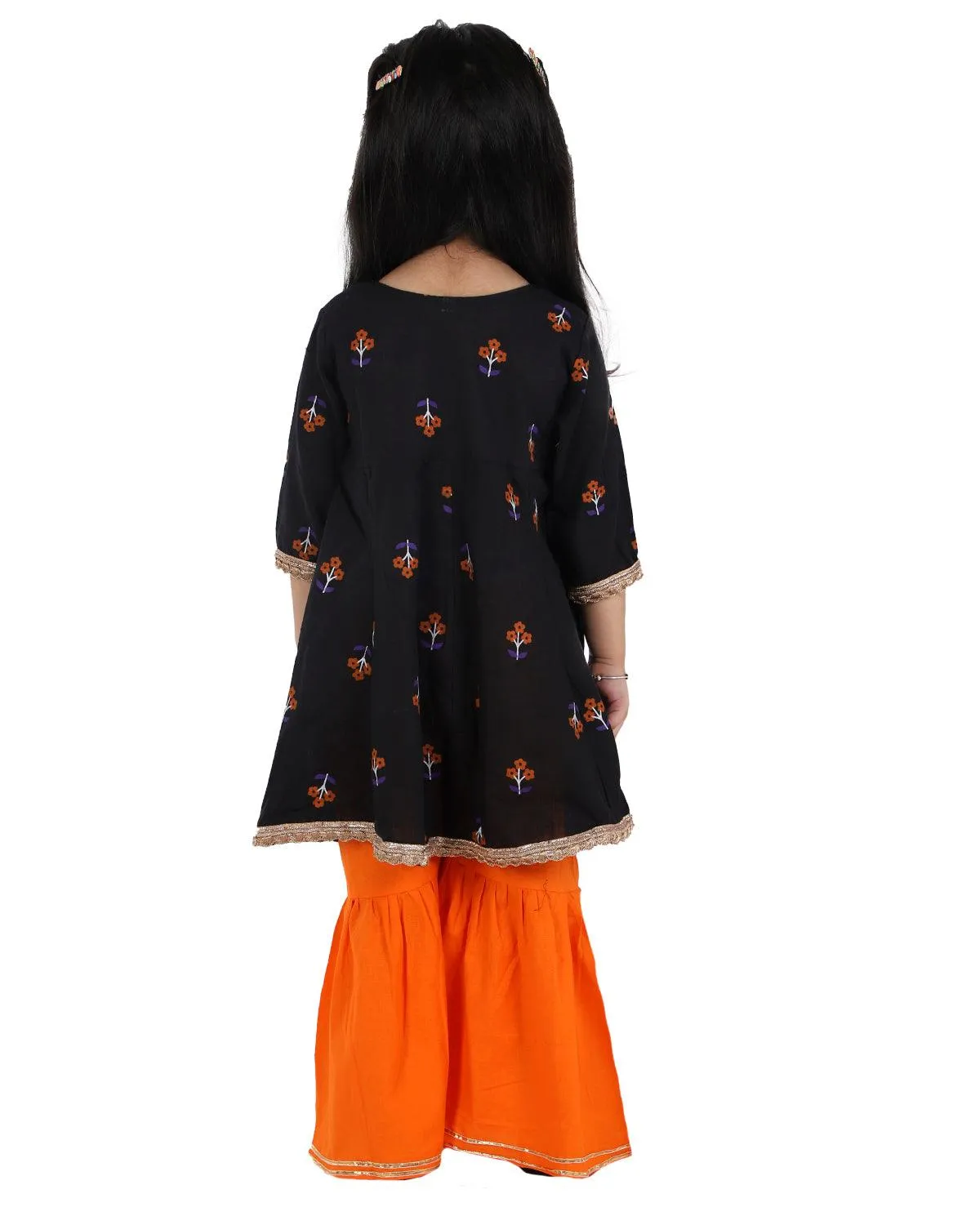 Ahhaaaa Cotton Jaipuri Anarkali Kurti-Orange Sharara Set For Baby Girls