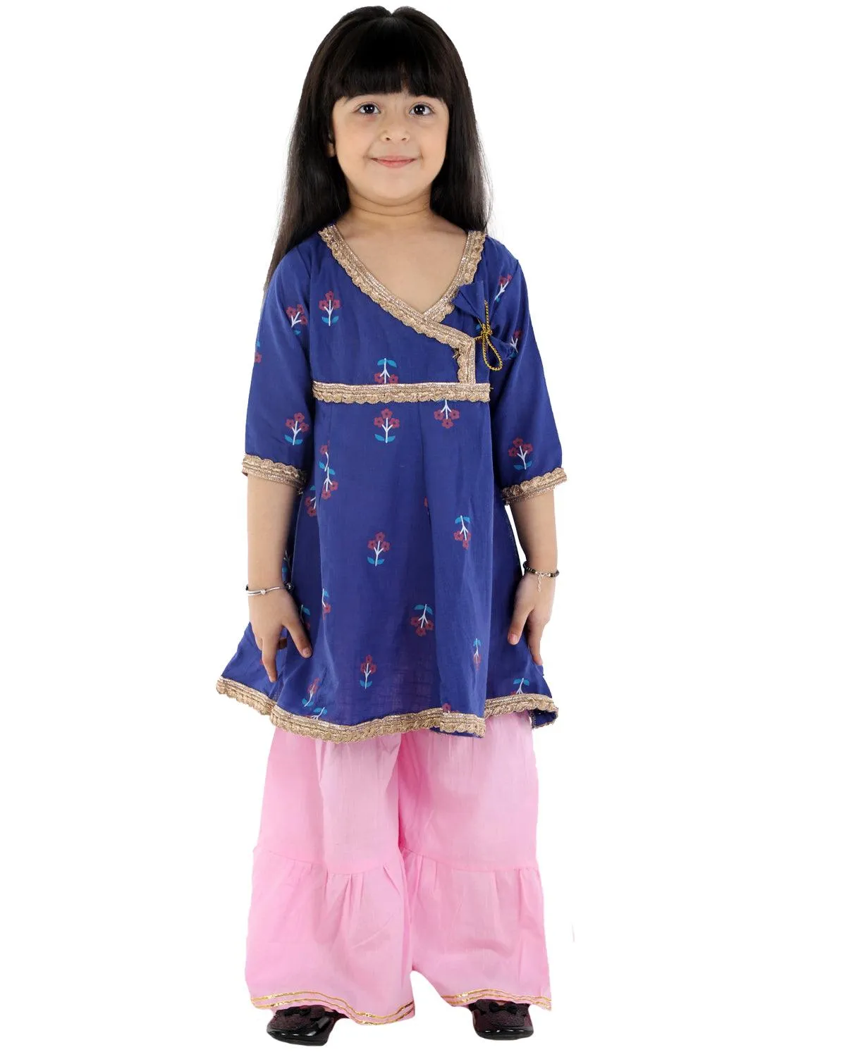 Ahhaaaa Cotton Jaipuri Anarkali Kurti-Orange Sharara Set For Baby Girls