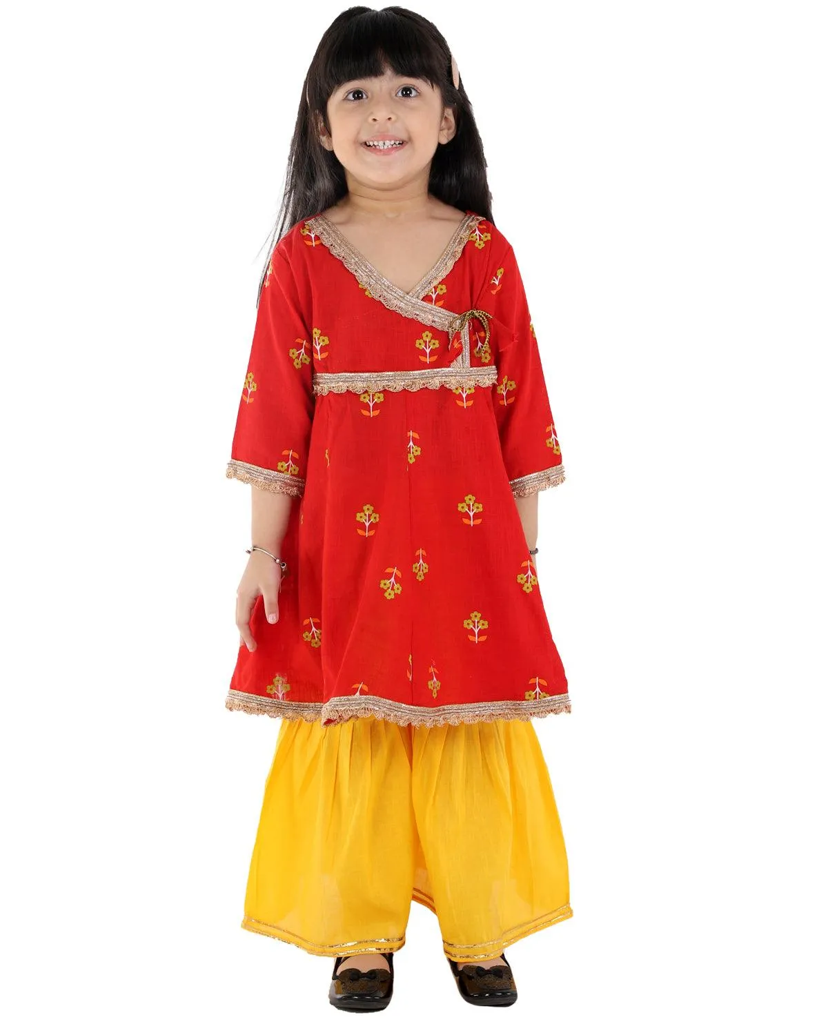 Ahhaaaa Cotton Jaipuri Anarkali Kurti-Orange Sharara Set For Baby Girls