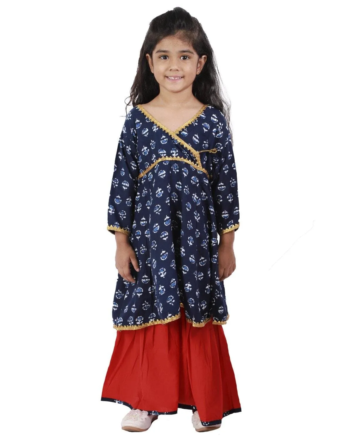 Ahhaaaa Cotton Jaipuri Indigo Anarkali-Red Sharara Set For Baby Girls