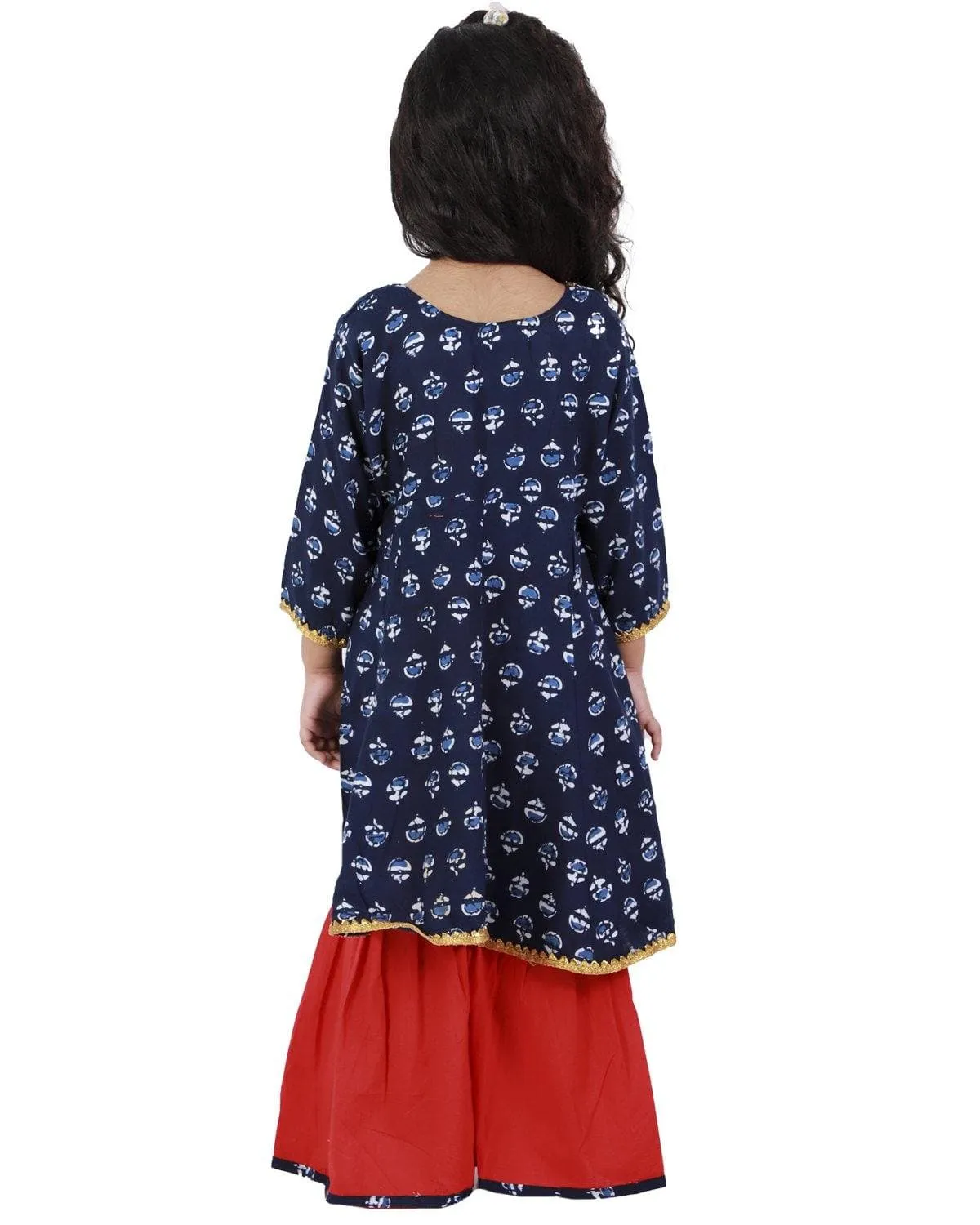 Ahhaaaa Cotton Jaipuri Indigo Anarkali-Red Sharara Set For Baby Girls