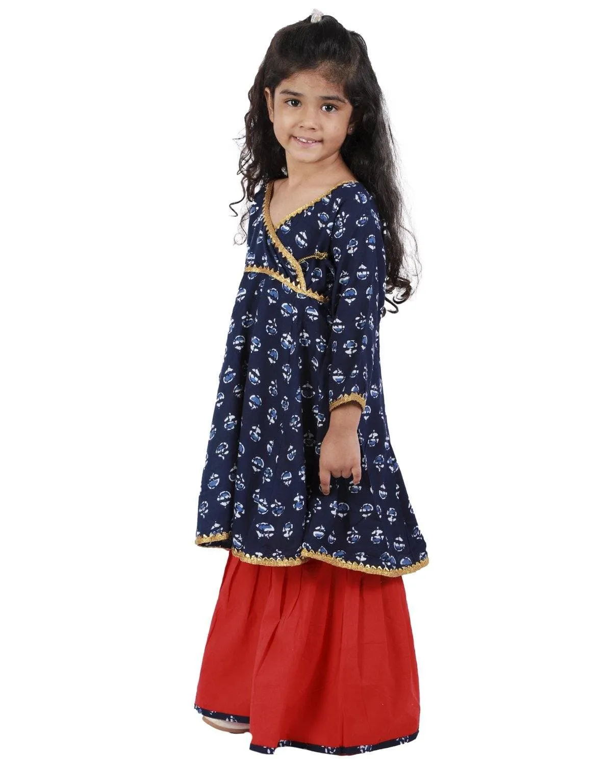 Ahhaaaa Cotton Jaipuri Indigo Anarkali-Red Sharara Set For Baby Girls