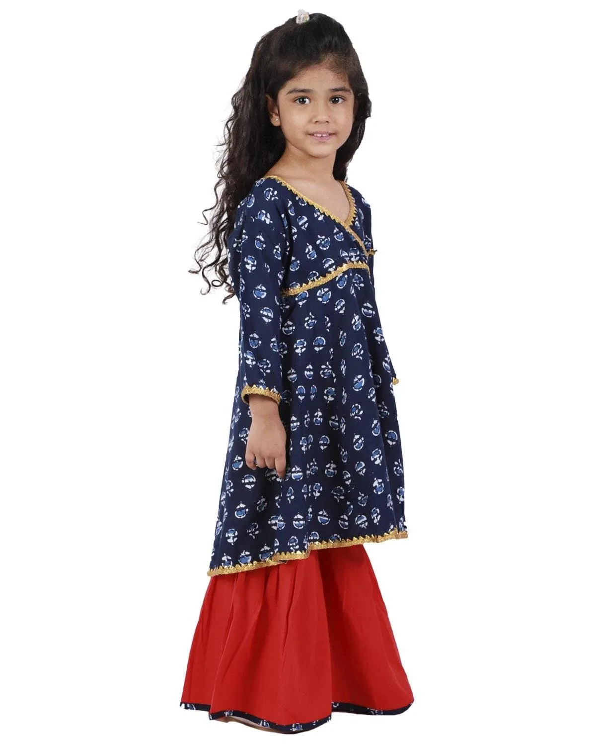 Ahhaaaa Cotton Jaipuri Indigo Anarkali-Red Sharara Set For Baby Girls