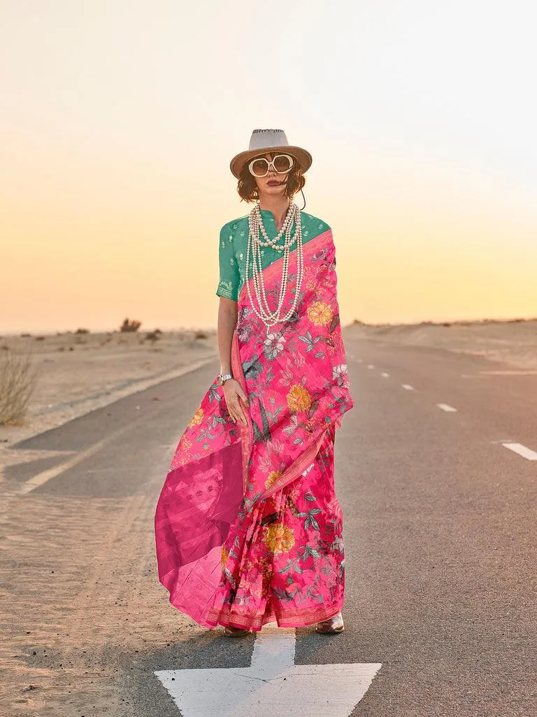 Alluring Pink Pure Tussar Silk Handwoven Printed Saree