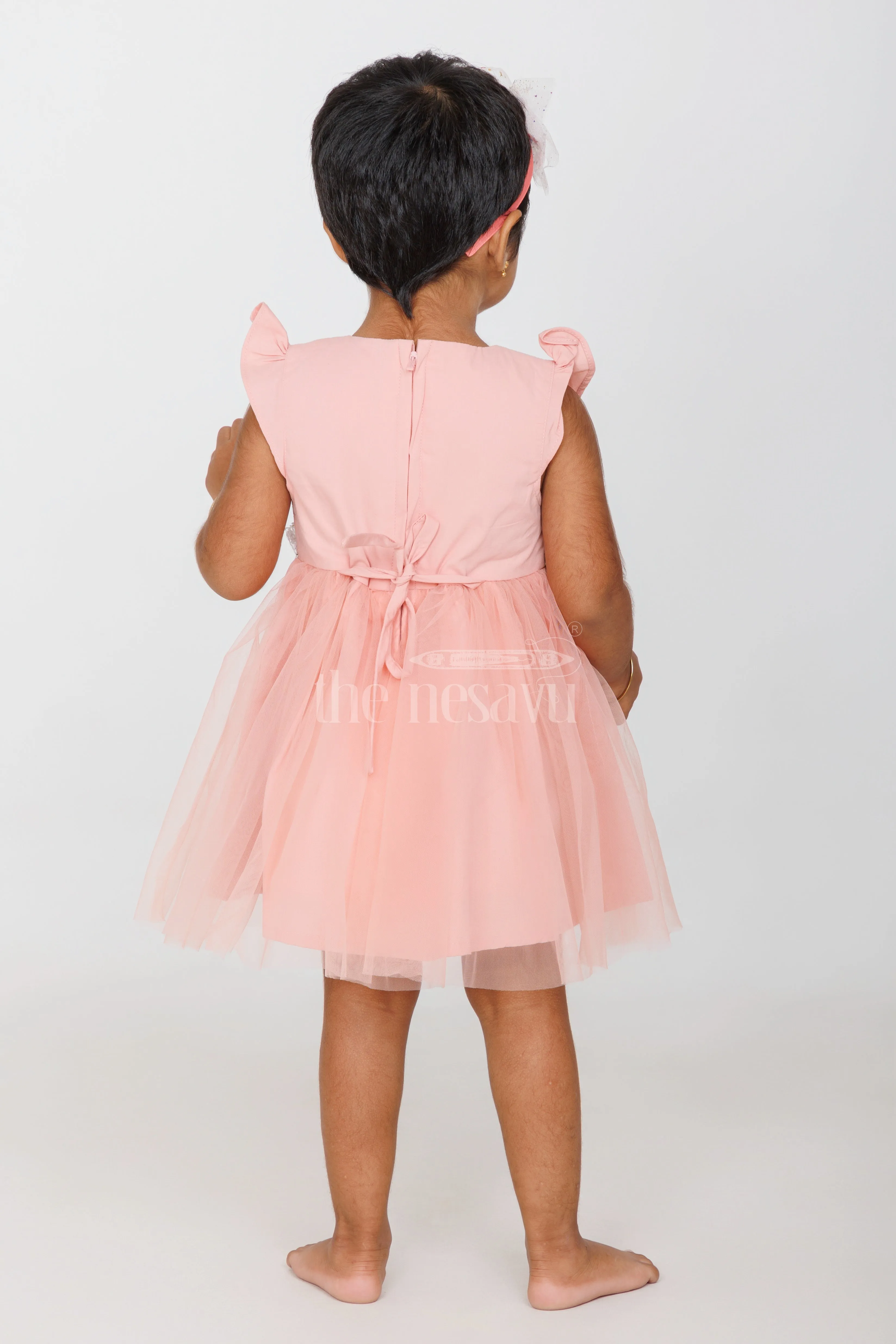 Baby Girls Peach Party Frock with Floral Embroidery and Tulle Skirt for Formal Gatherings