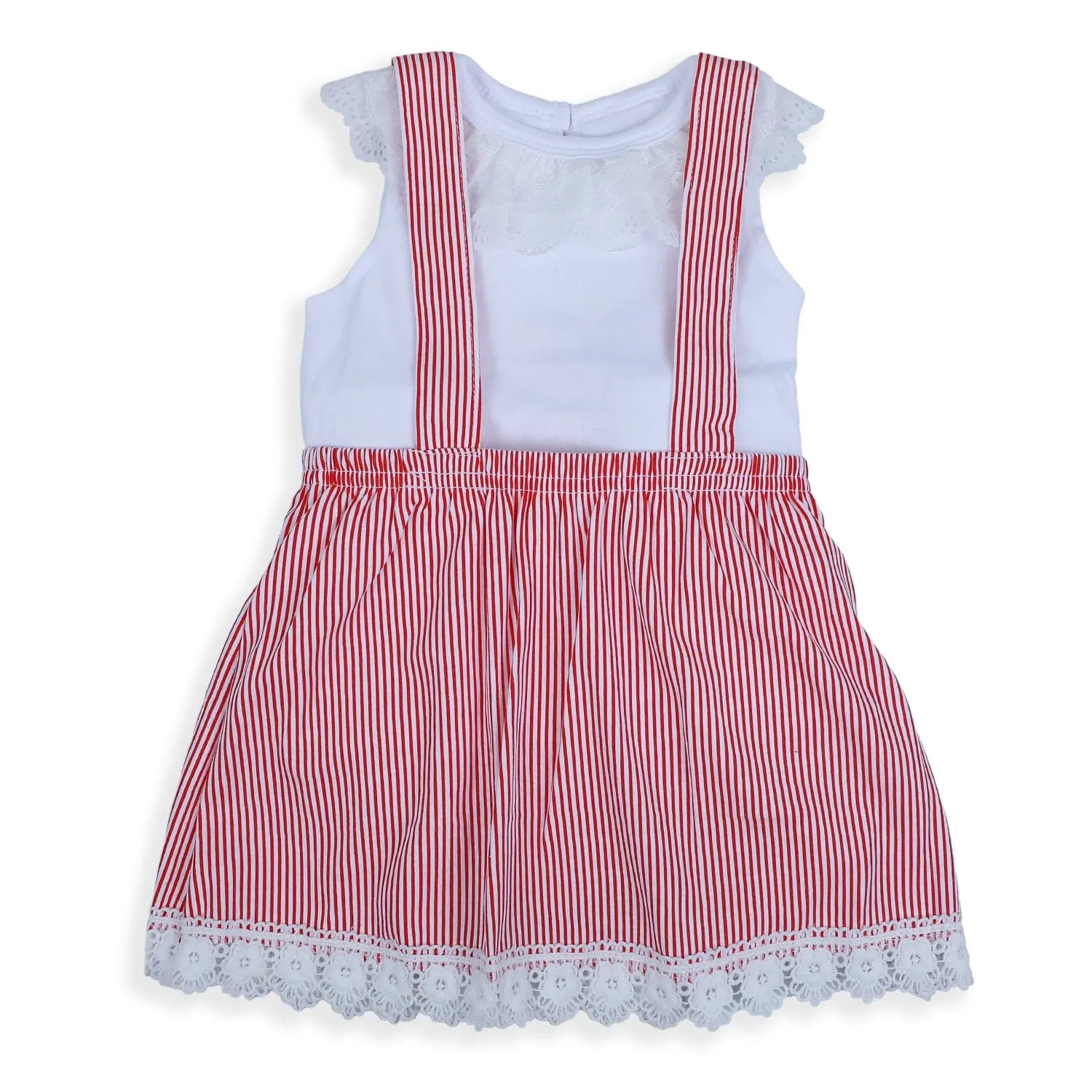 Baby Moo Striped Suspenders Skirt With Lace And Solid Top 2pcs Set - Red