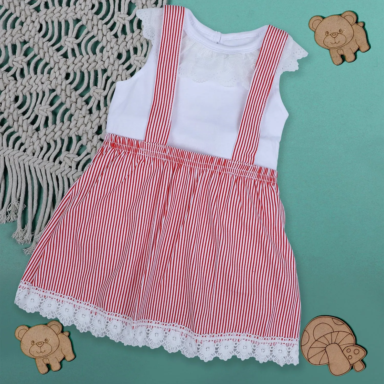 Baby Moo Striped Suspenders Skirt With Lace And Solid Top 2pcs Set - Red