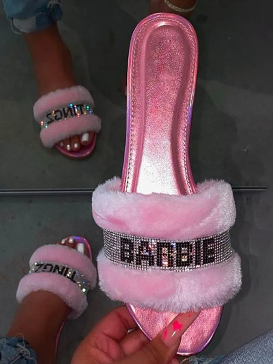 Barbie Tingz Pink Fur Rhinestone Crystal Slippers