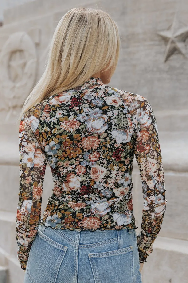 Black Floral Mesh Top