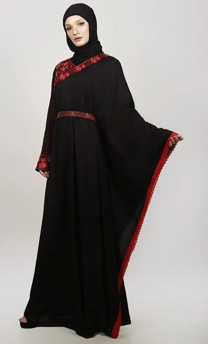 Black Semi Kaftan Embroidered Abaya With Graceful Lace On Border - Final Sale