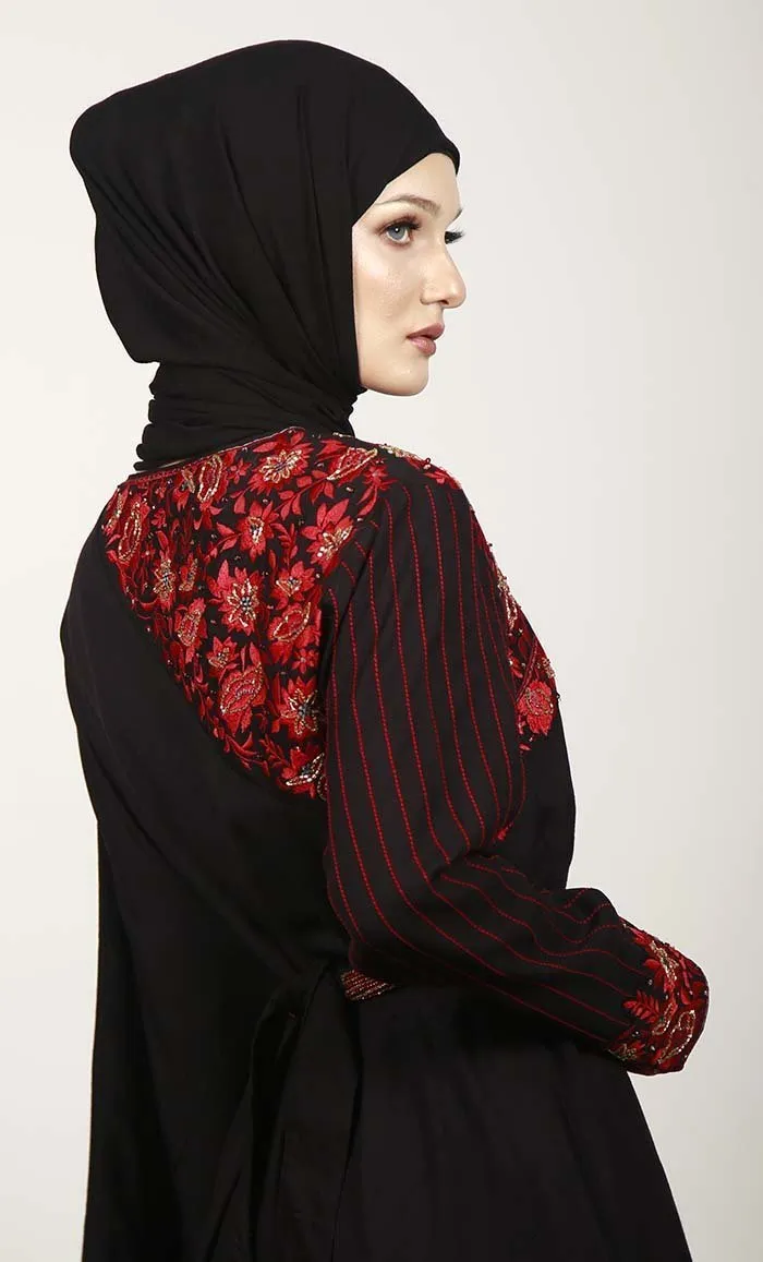 Black Semi Kaftan Embroidered Abaya With Graceful Lace On Border - Final Sale