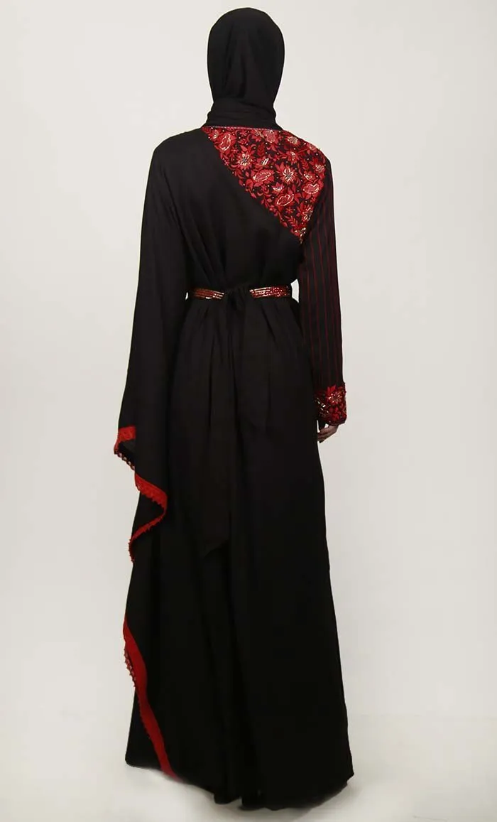 Black Semi Kaftan Embroidered Abaya With Graceful Lace On Border - Final Sale