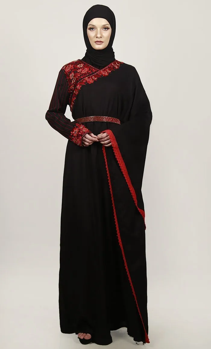 Black Semi Kaftan Embroidered Abaya With Graceful Lace On Border - Final Sale