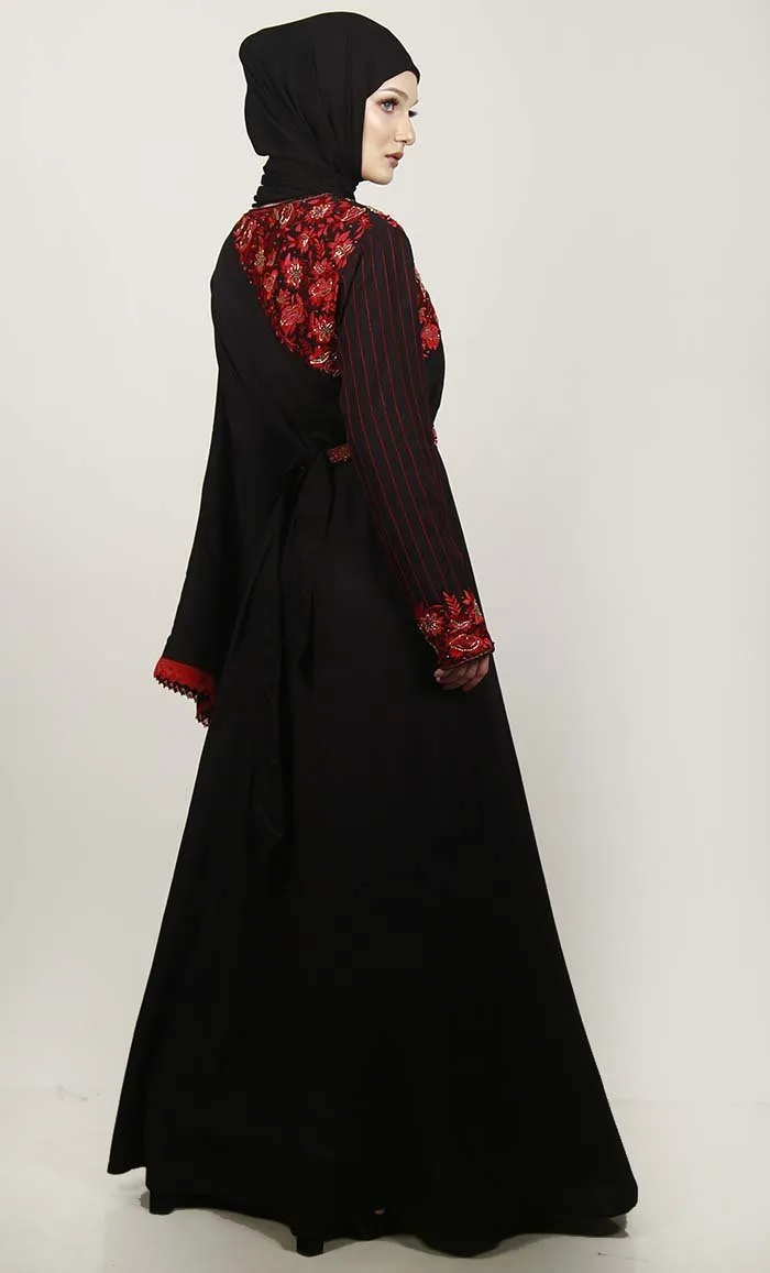 Black Semi Kaftan Embroidered Abaya With Graceful Lace On Border - Final Sale