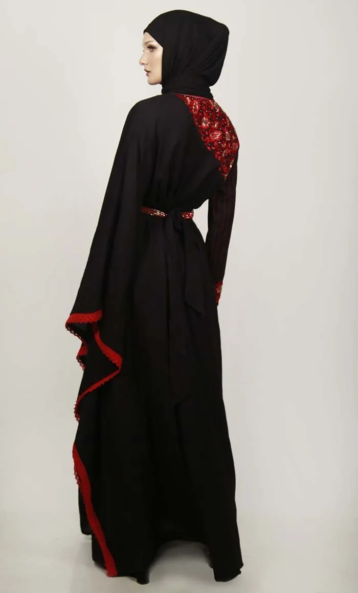 Black Semi Kaftan Embroidered Abaya With Graceful Lace On Border - Final Sale