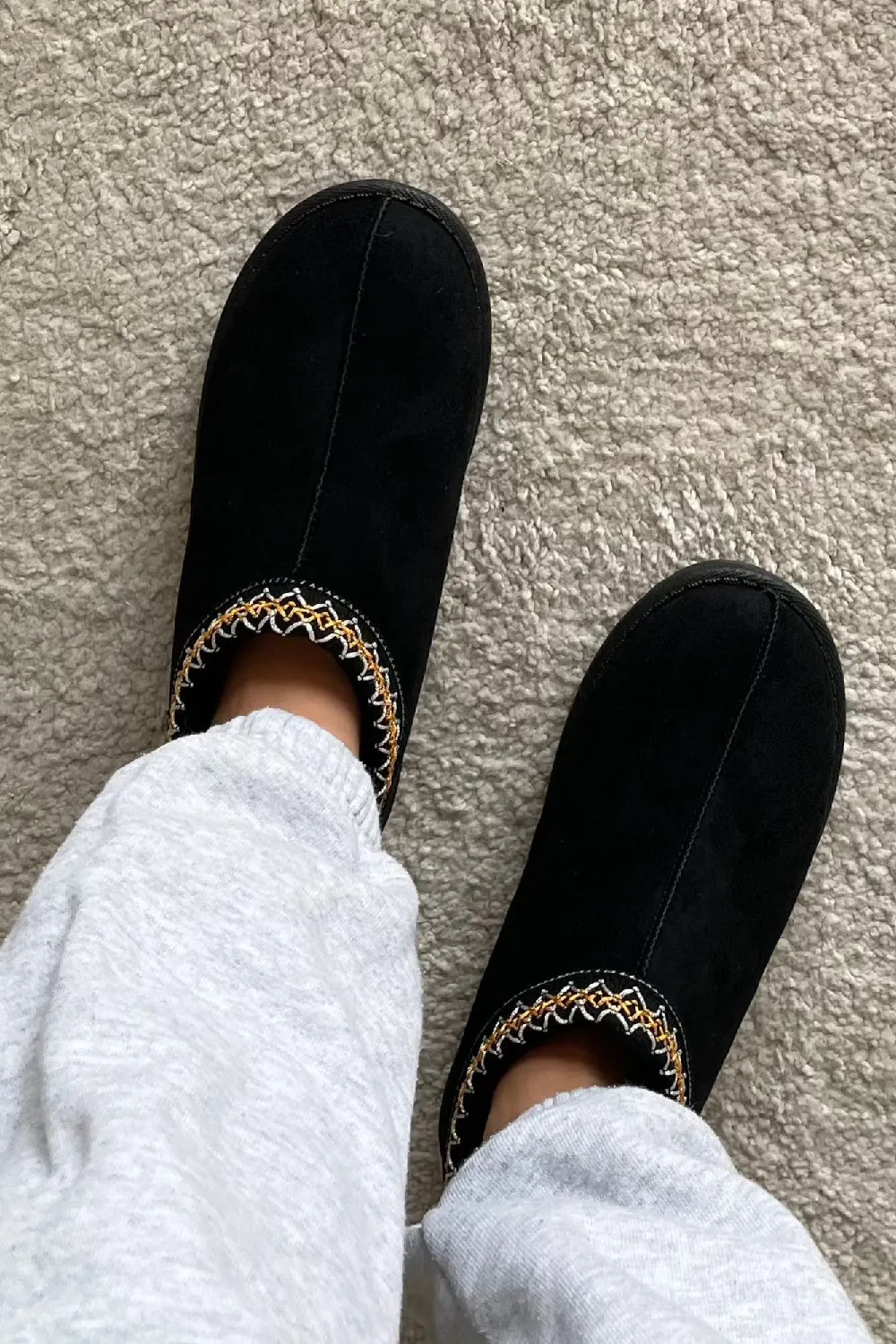 BLACK SUEDE FAUX SUEDE EMBROIDERED COZY FLUFFY SLIPPERS BOOTS