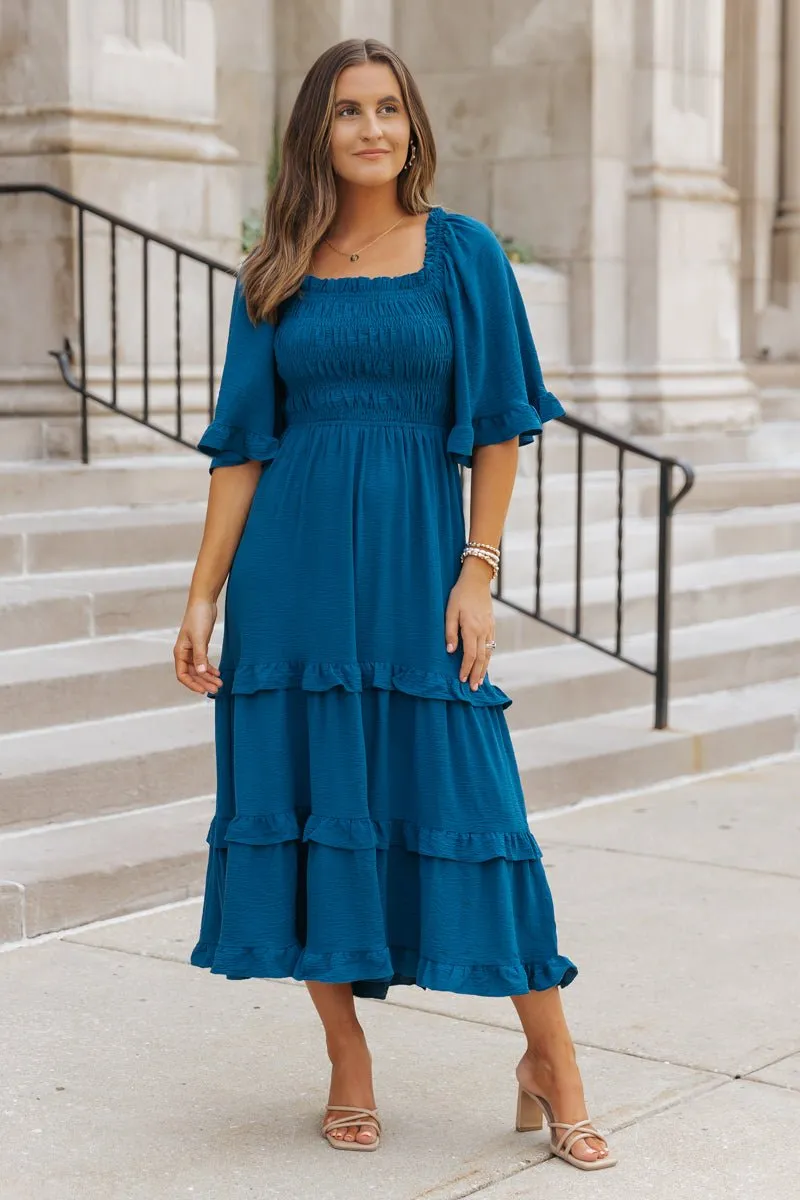 Blue Off The Shoulder Tiered Midi Dress - FINAL SALE