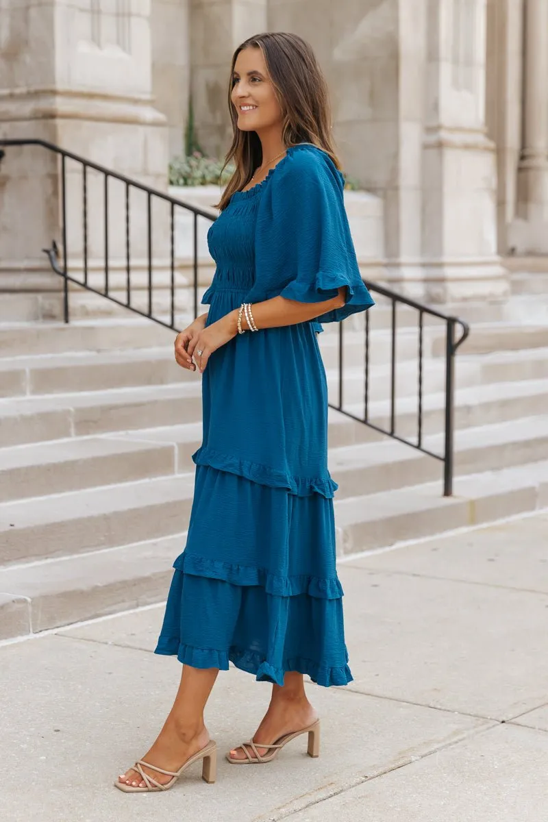 Blue Off The Shoulder Tiered Midi Dress - FINAL SALE