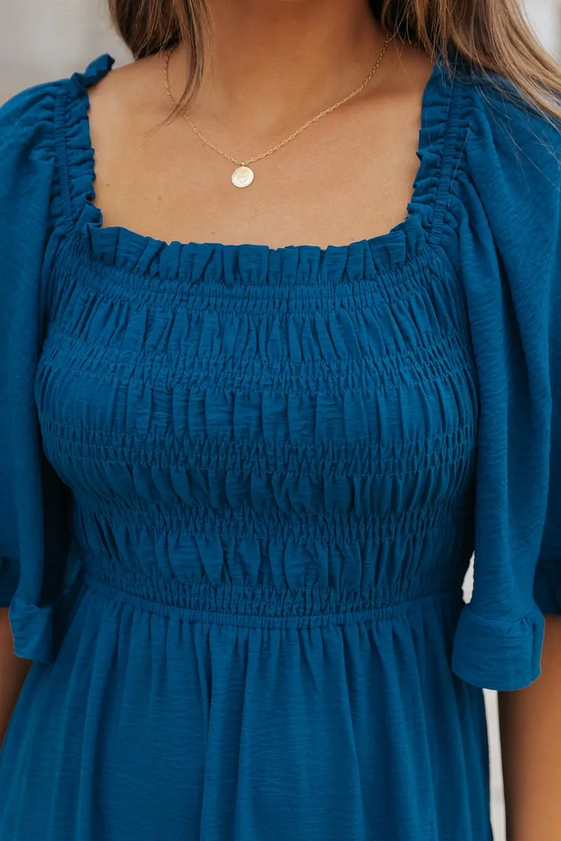 Blue Off The Shoulder Tiered Midi Dress - FINAL SALE