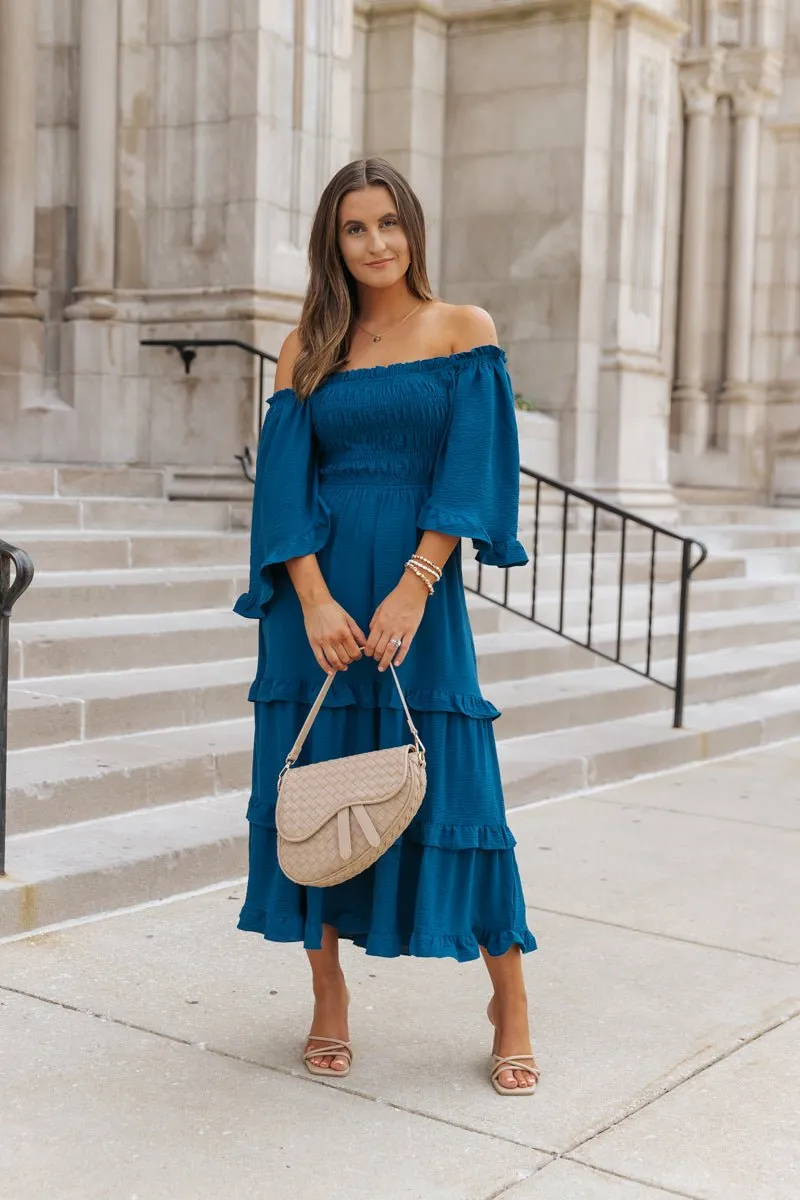 Blue Off The Shoulder Tiered Midi Dress - FINAL SALE