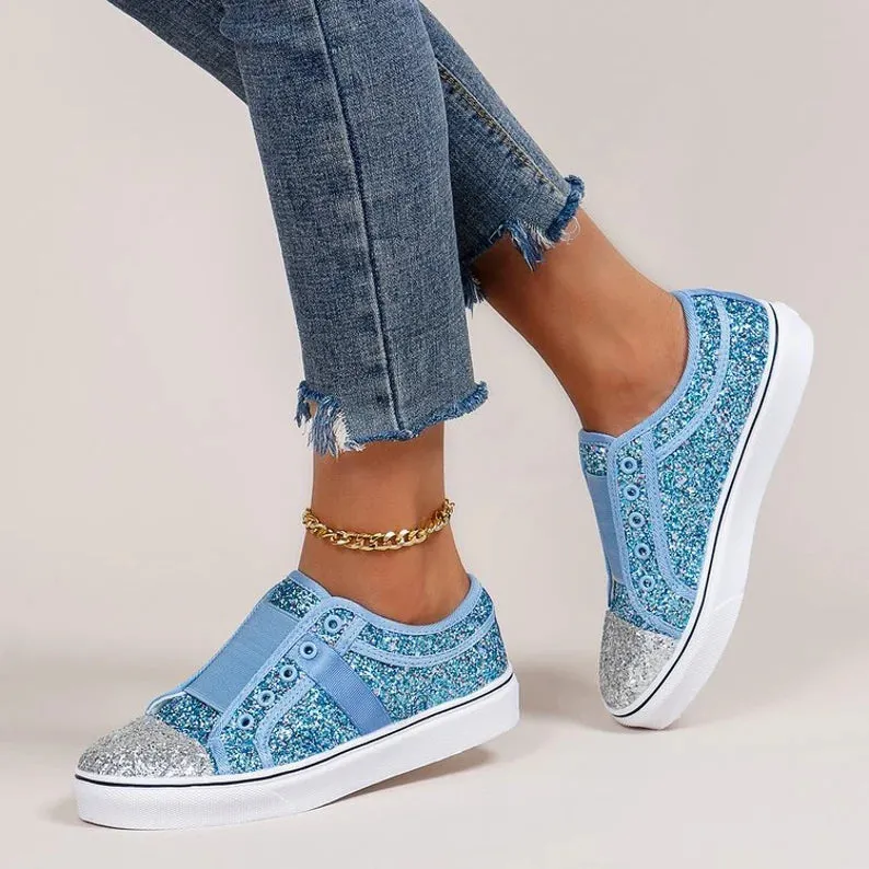 Blue Round Head Sequin Canvas Shoes