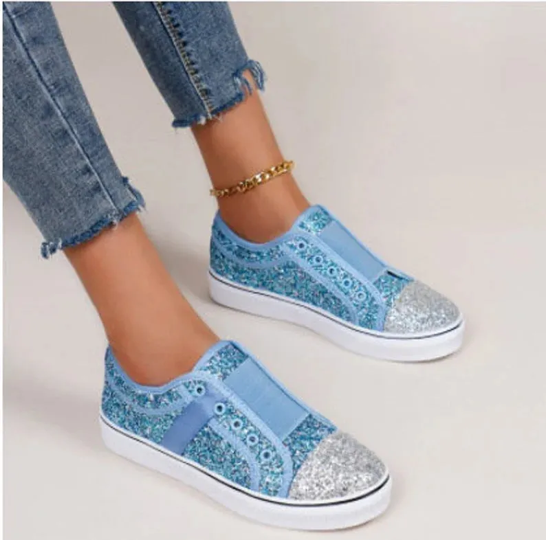 Blue Round Head Sequin Canvas Shoes