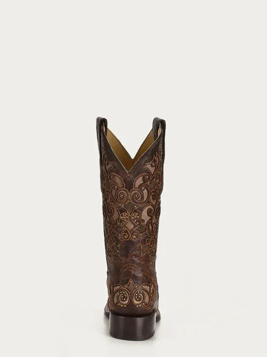 BROWN EMBROIDERY AND STUDS SQUARE TOE Style No. A3326