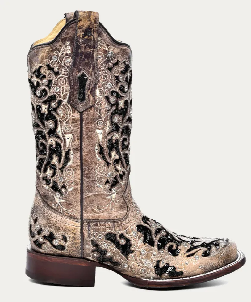 CORRAL LADIES INLAY AND FLOWERED EMBROIDERY SQUARE TOE BOOTS STYLE A3648