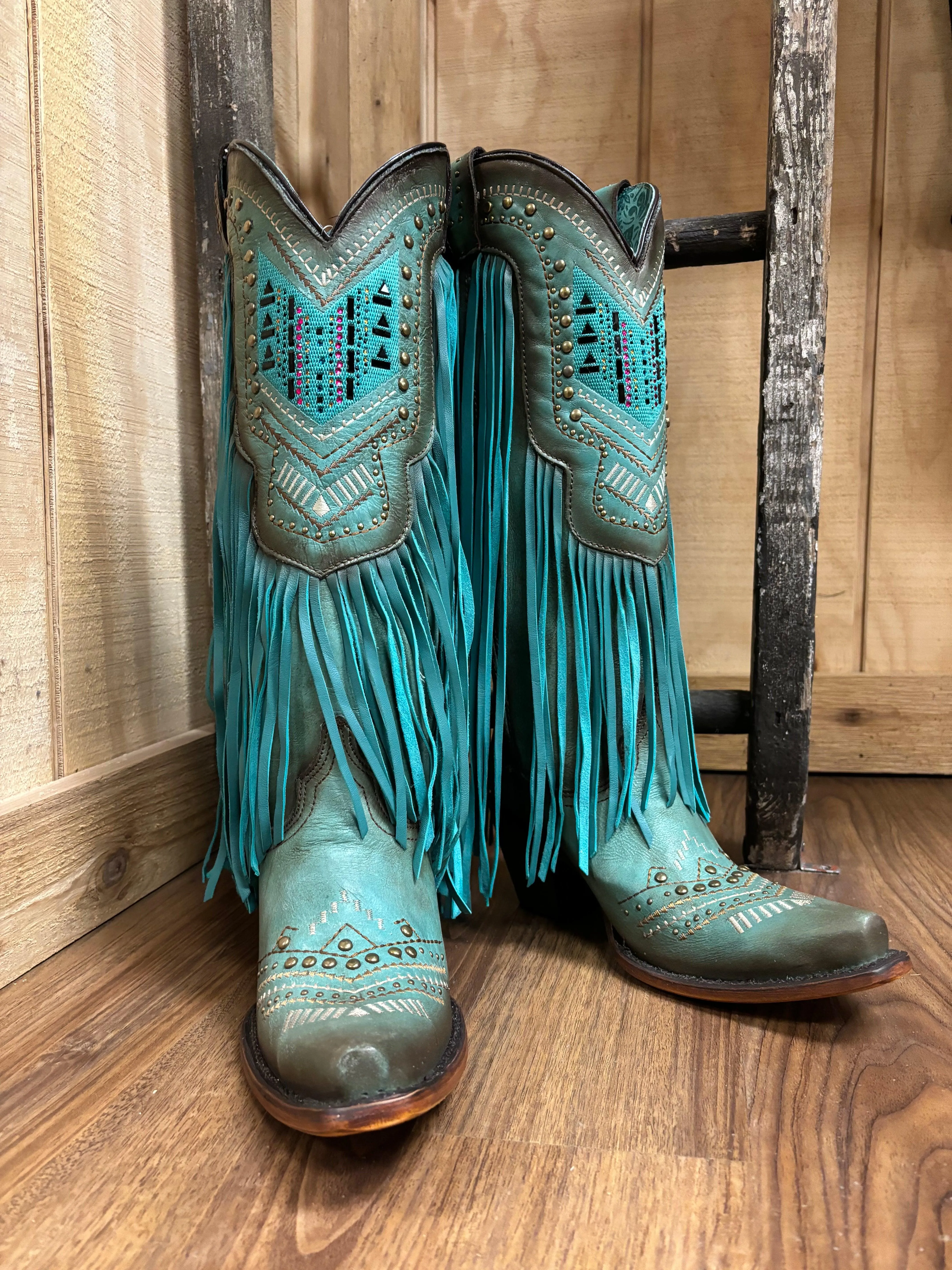 Corral Women's Turquoise Crystals & Studs Fringe Snip Toe Cowgirl Boots C4077