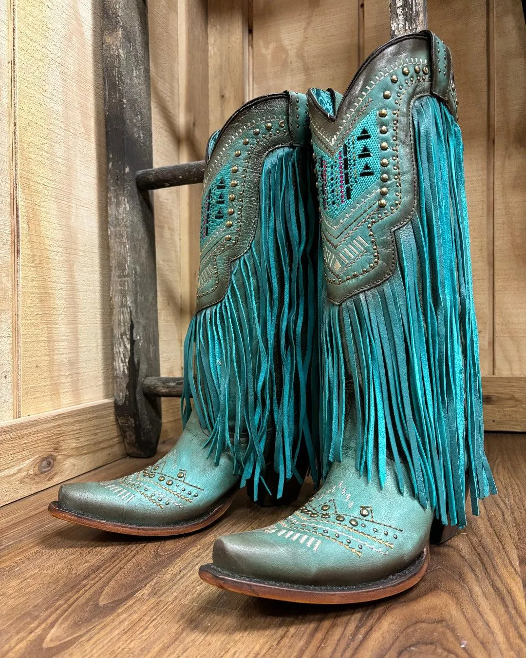 Corral Women's Turquoise Crystals & Studs Fringe Snip Toe Cowgirl Boots C4077