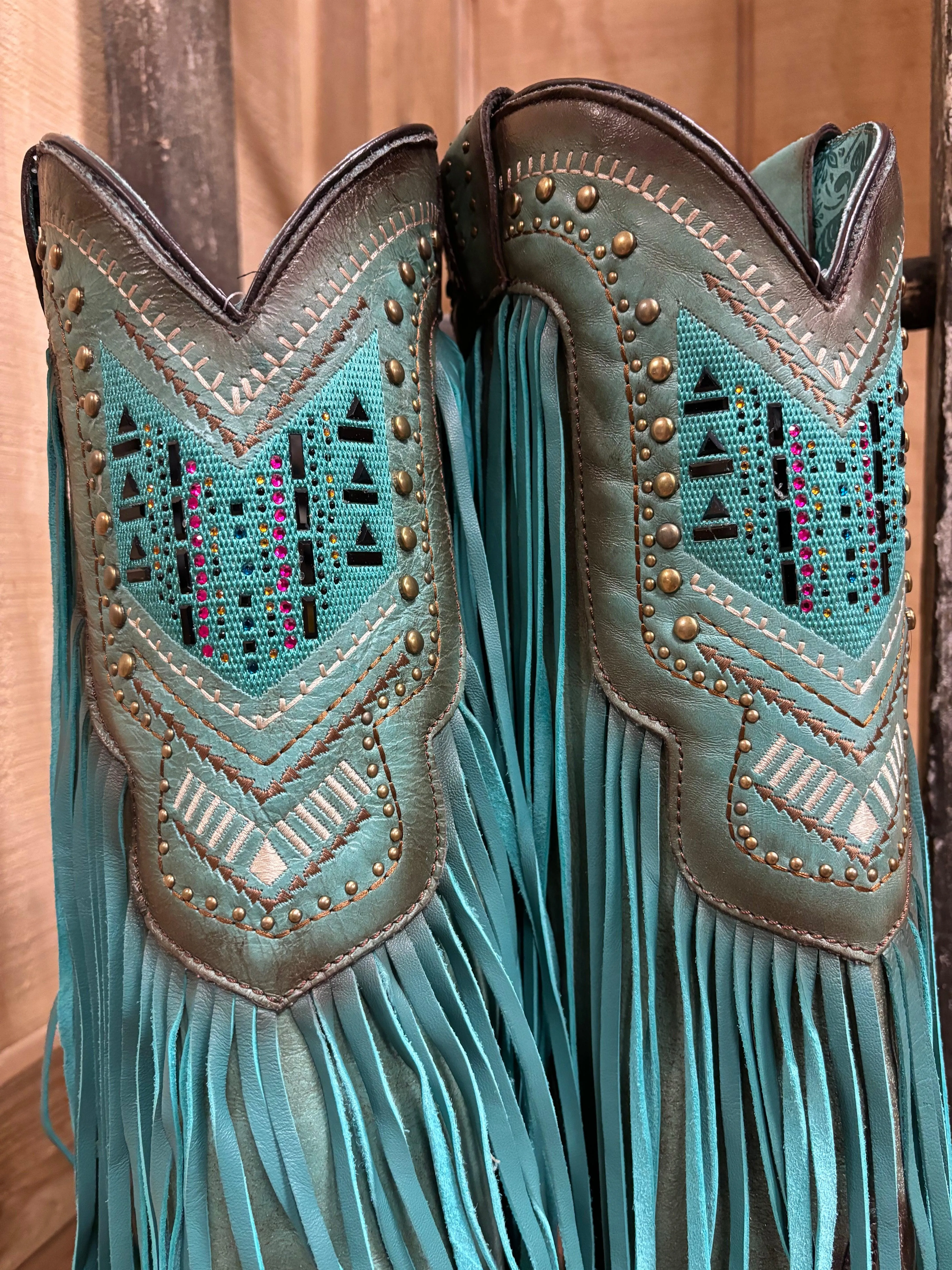 Corral Women's Turquoise Crystals & Studs Fringe Snip Toe Cowgirl Boots C4077