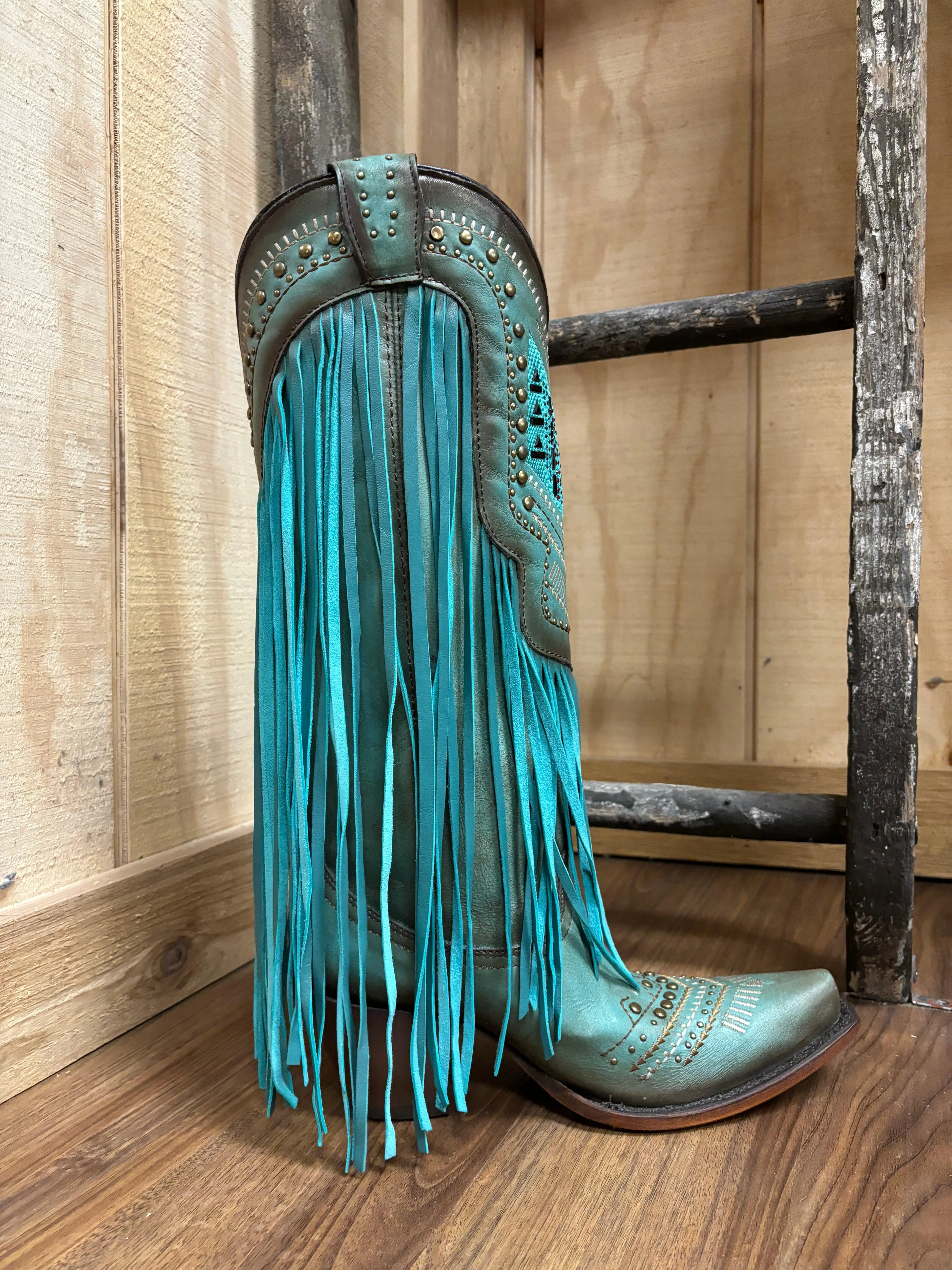 Corral Women's Turquoise Crystals & Studs Fringe Snip Toe Cowgirl Boots C4077