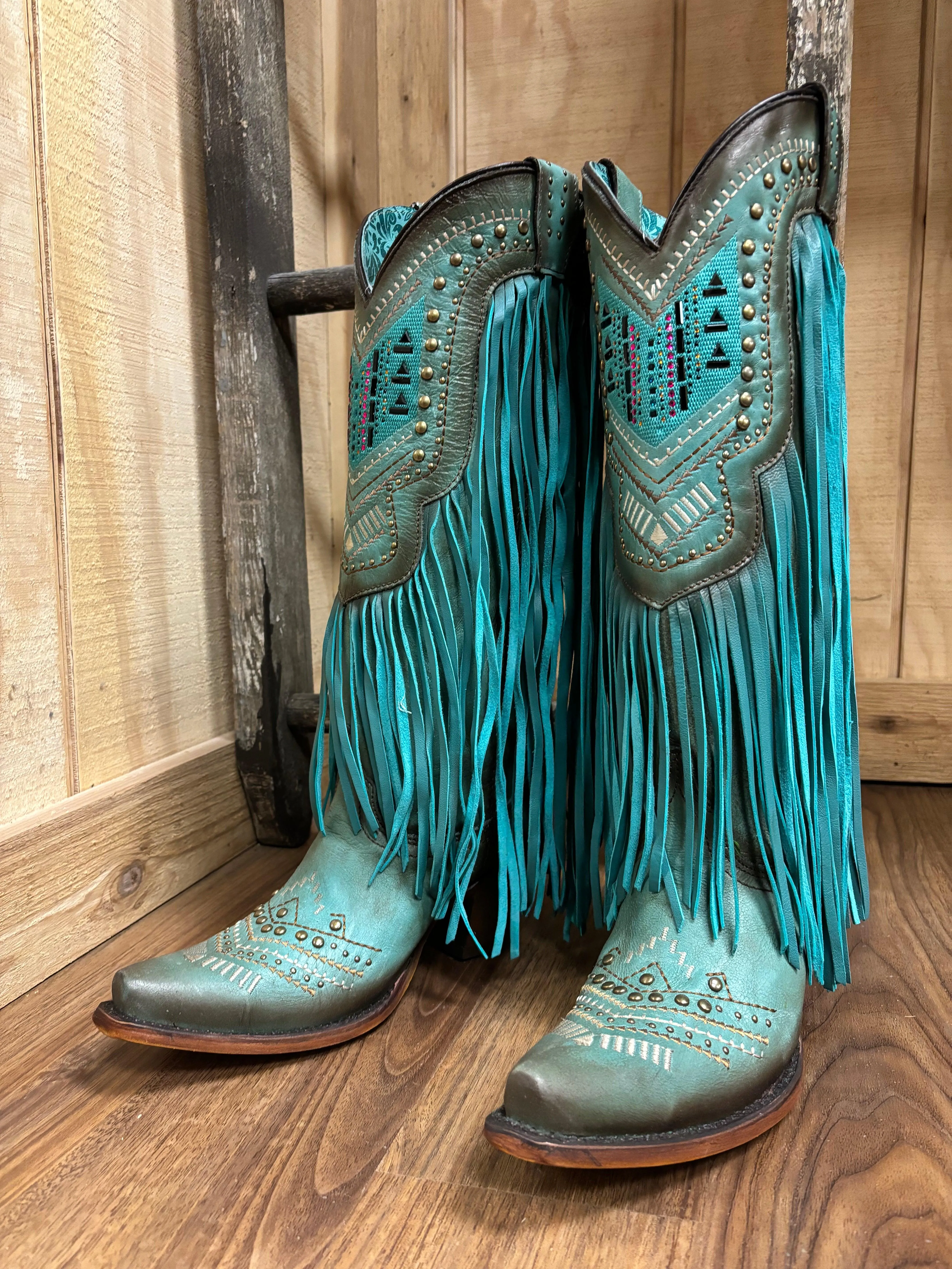 Corral Women's Turquoise Crystals & Studs Fringe Snip Toe Cowgirl Boots C4077