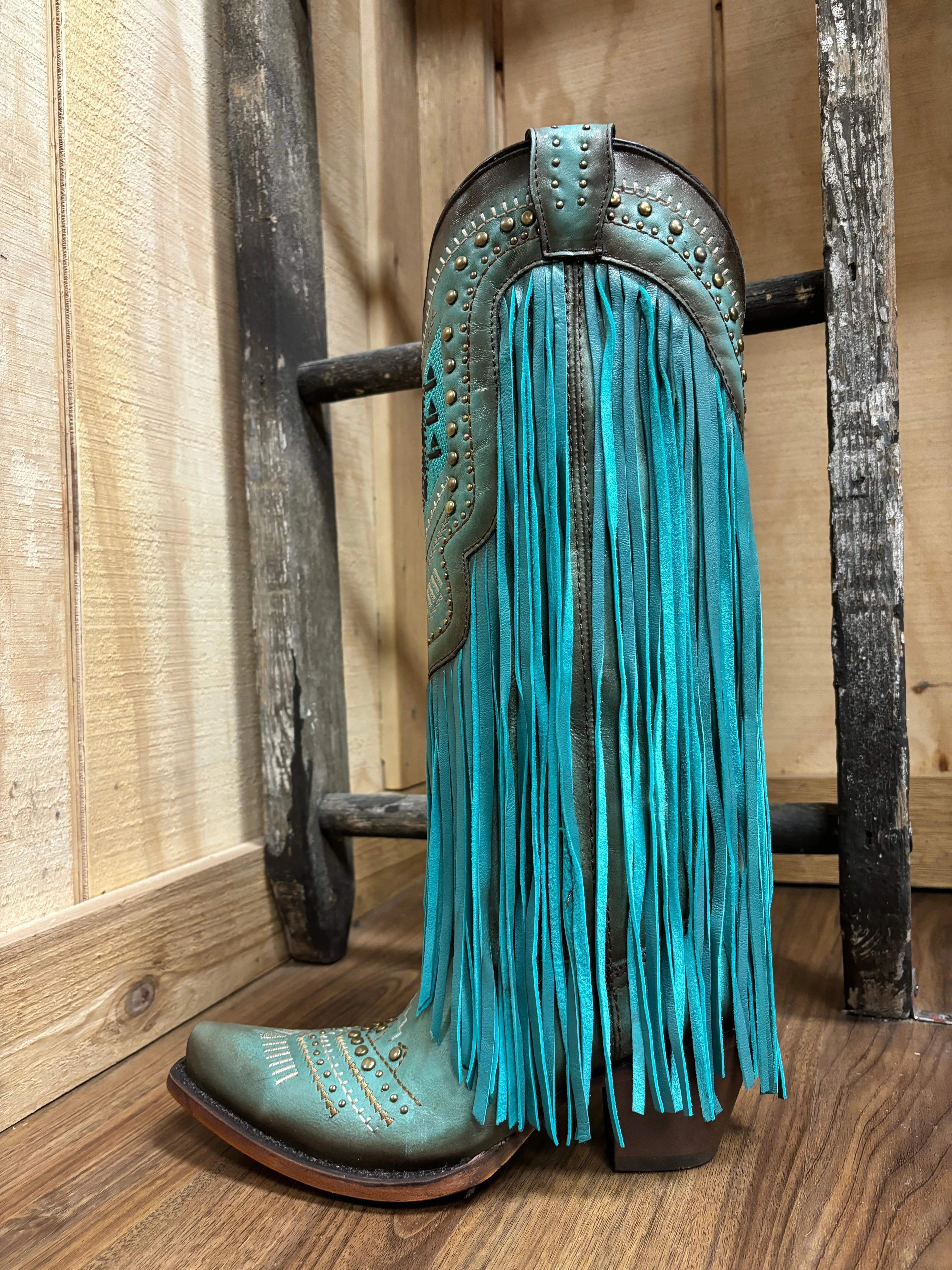 Corral Women's Turquoise Crystals & Studs Fringe Snip Toe Cowgirl Boots C4077