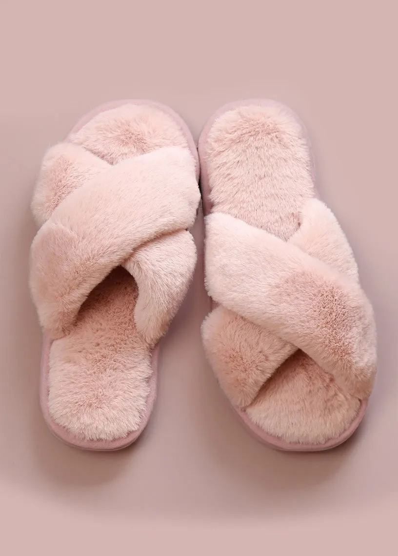 Criss Cross Soft Fuzzy Slippers in Pink