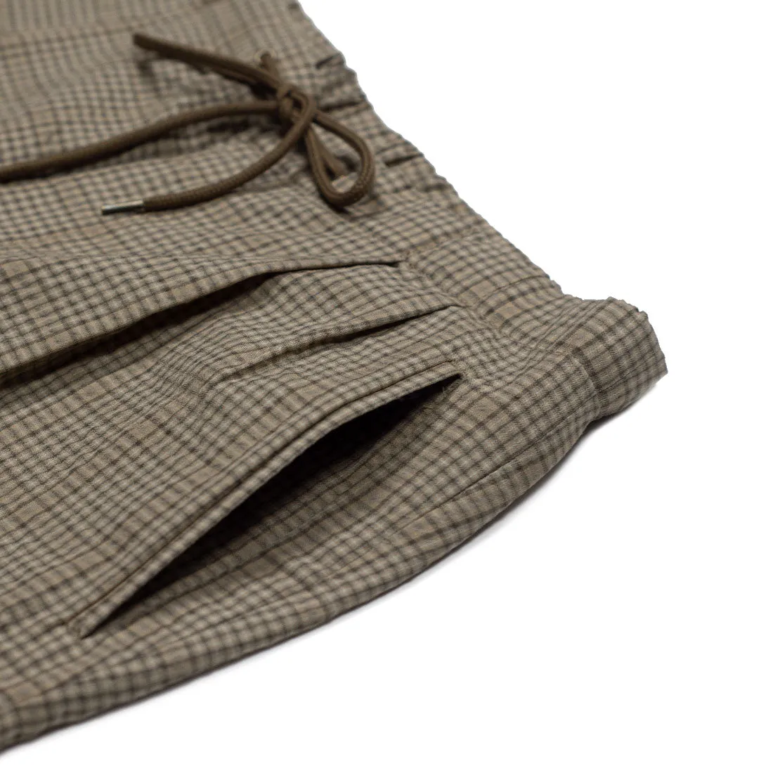 Drawstring easy pants in beige wool/cotton checked seersucker