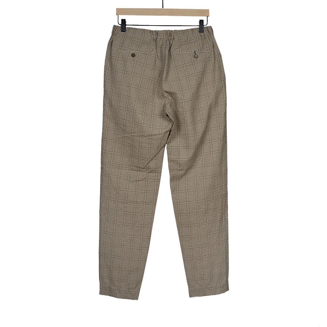 Drawstring easy pants in beige wool/cotton checked seersucker