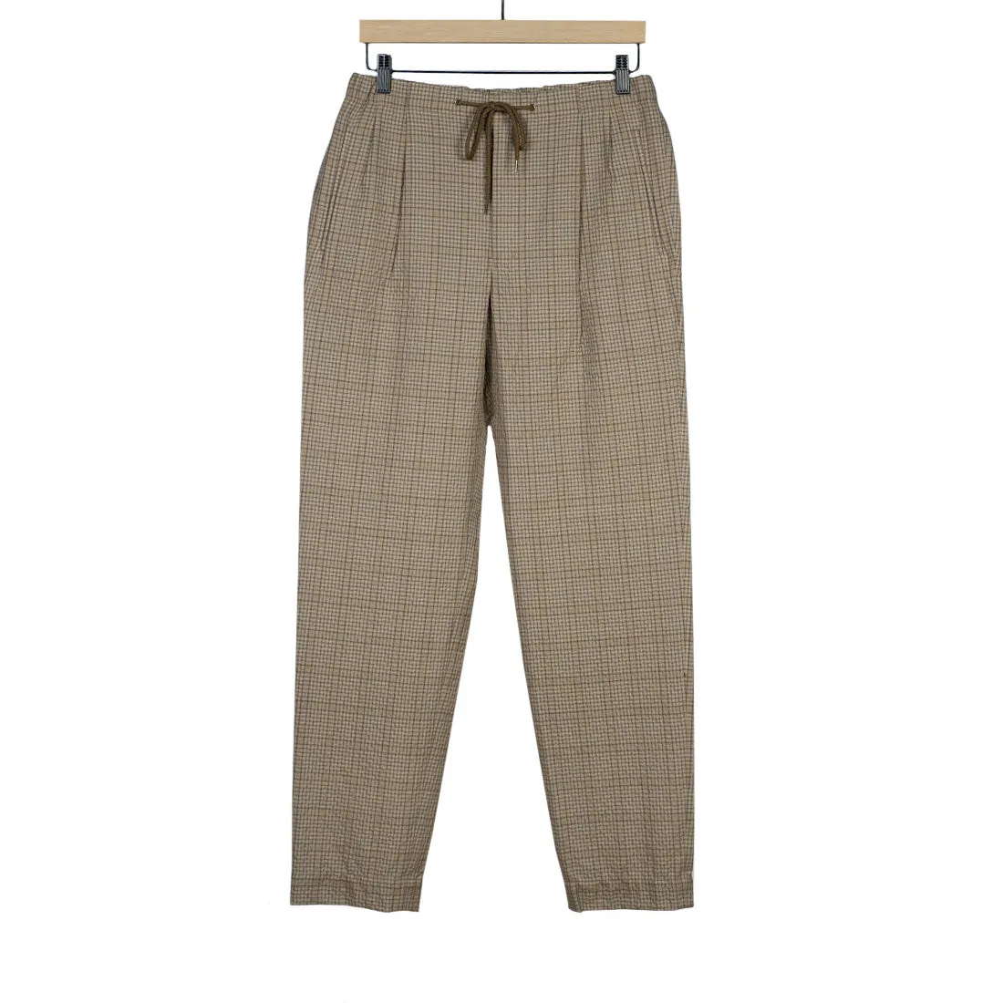 Drawstring easy pants in beige wool/cotton checked seersucker