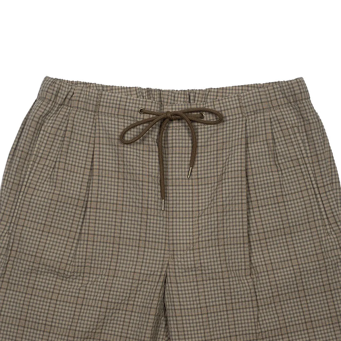 Drawstring easy pants in beige wool/cotton checked seersucker