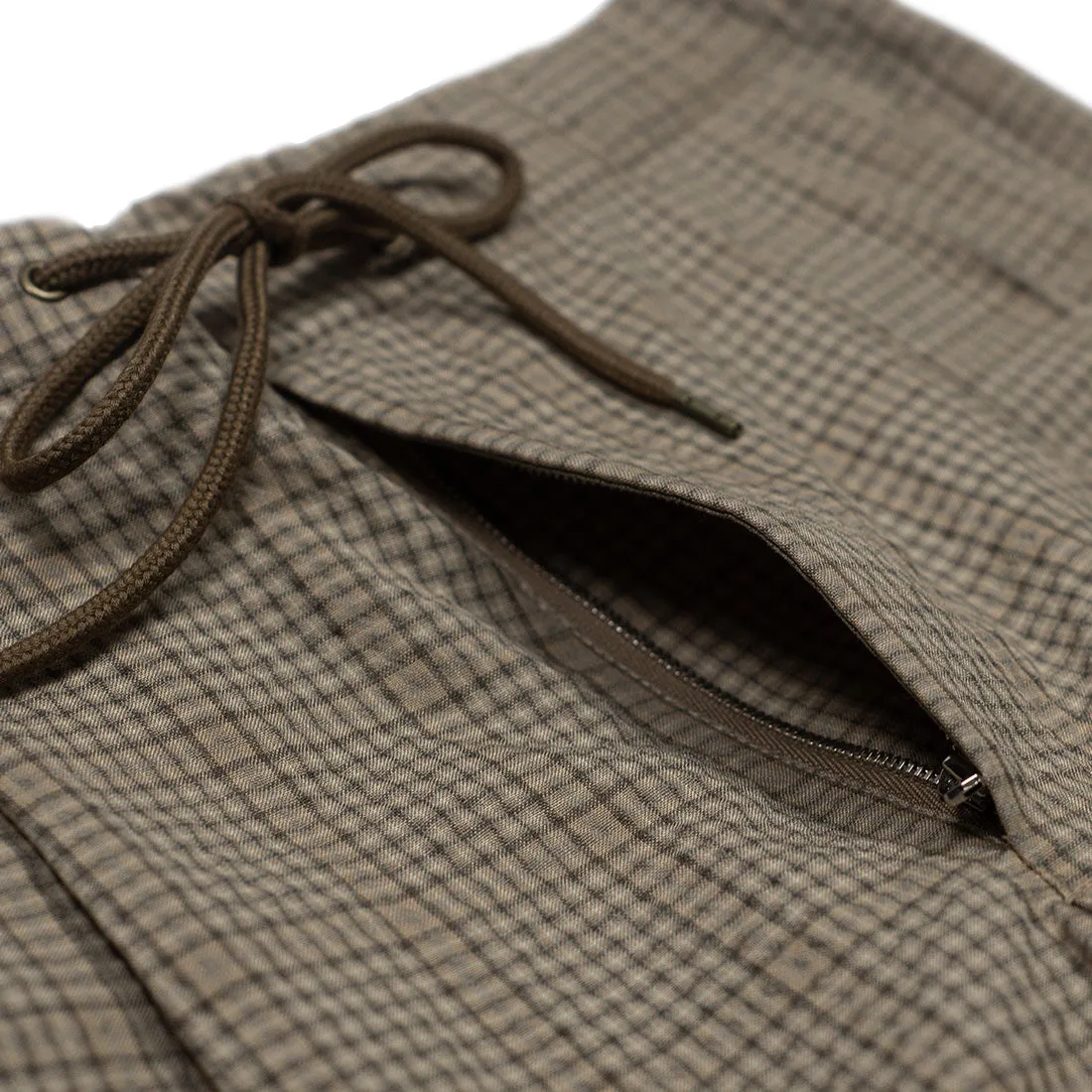 Drawstring easy pants in beige wool/cotton checked seersucker