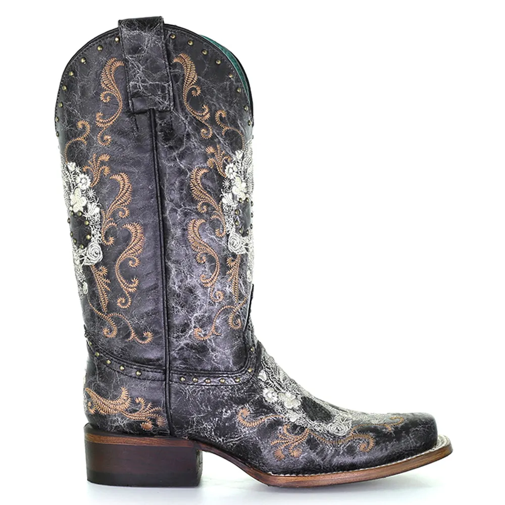 Floral Embroidery & Studs Square Toe Cowboy Boots