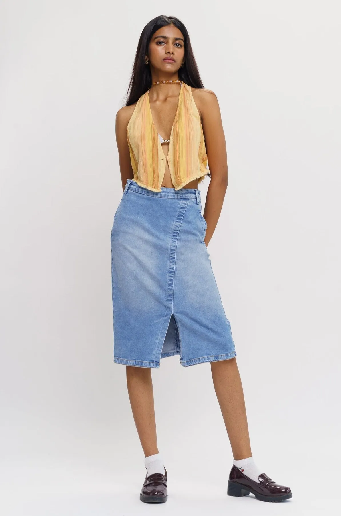 Front Slit Light Denim Skirt