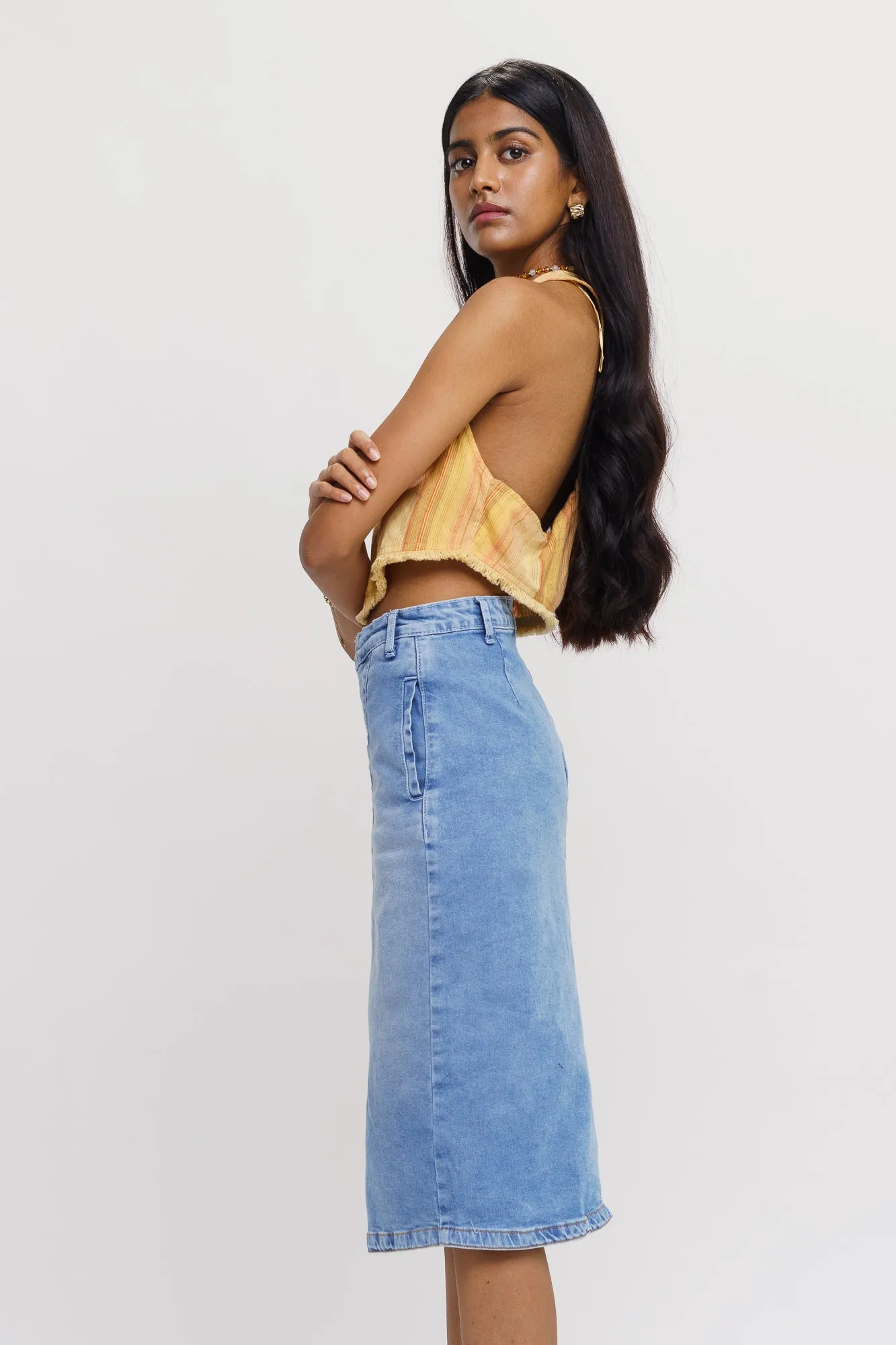 Front Slit Light Denim Skirt