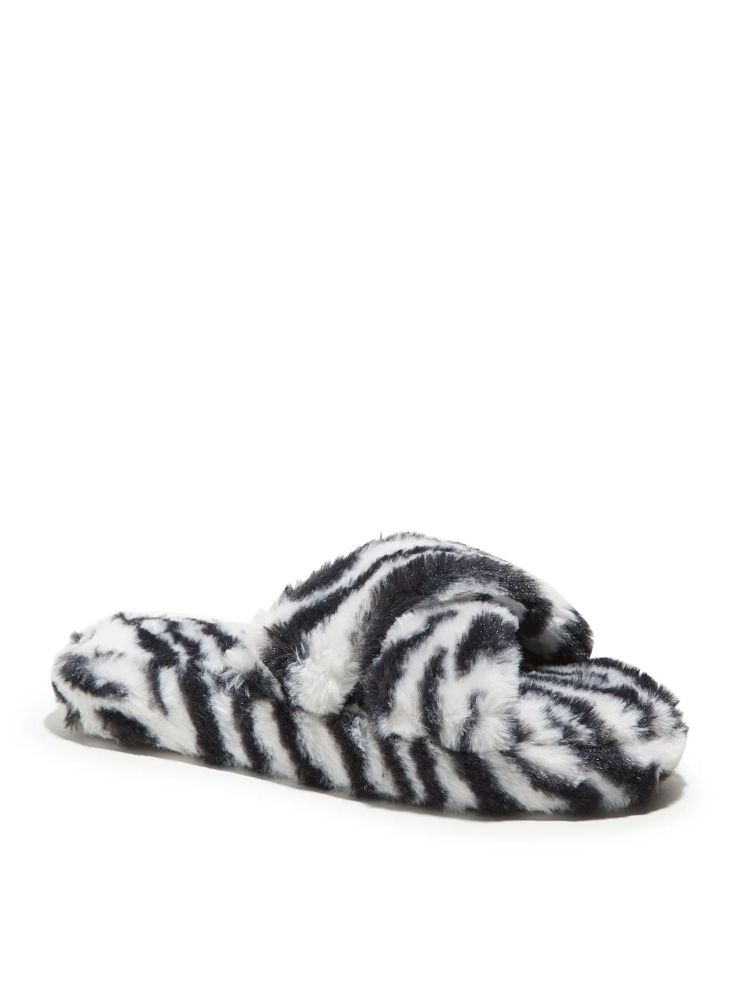 Furry Crossover Slippers - Zebra Print