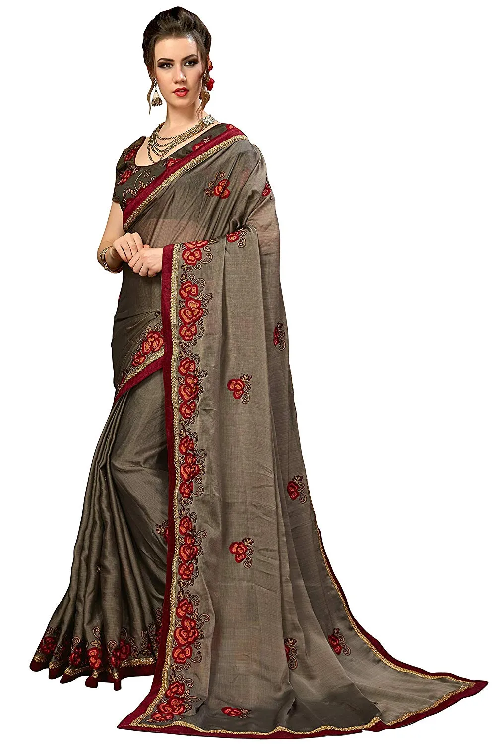 Glory Sarees Women's Chiffon Saree With Blouse Piece (luxury114_grey)