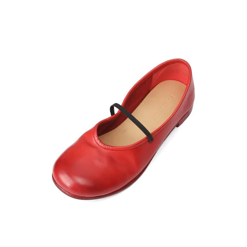 Horse Leather Mary Jane Shoes For Women Flat Ballet Flats Leather Sole in Black/Red/White