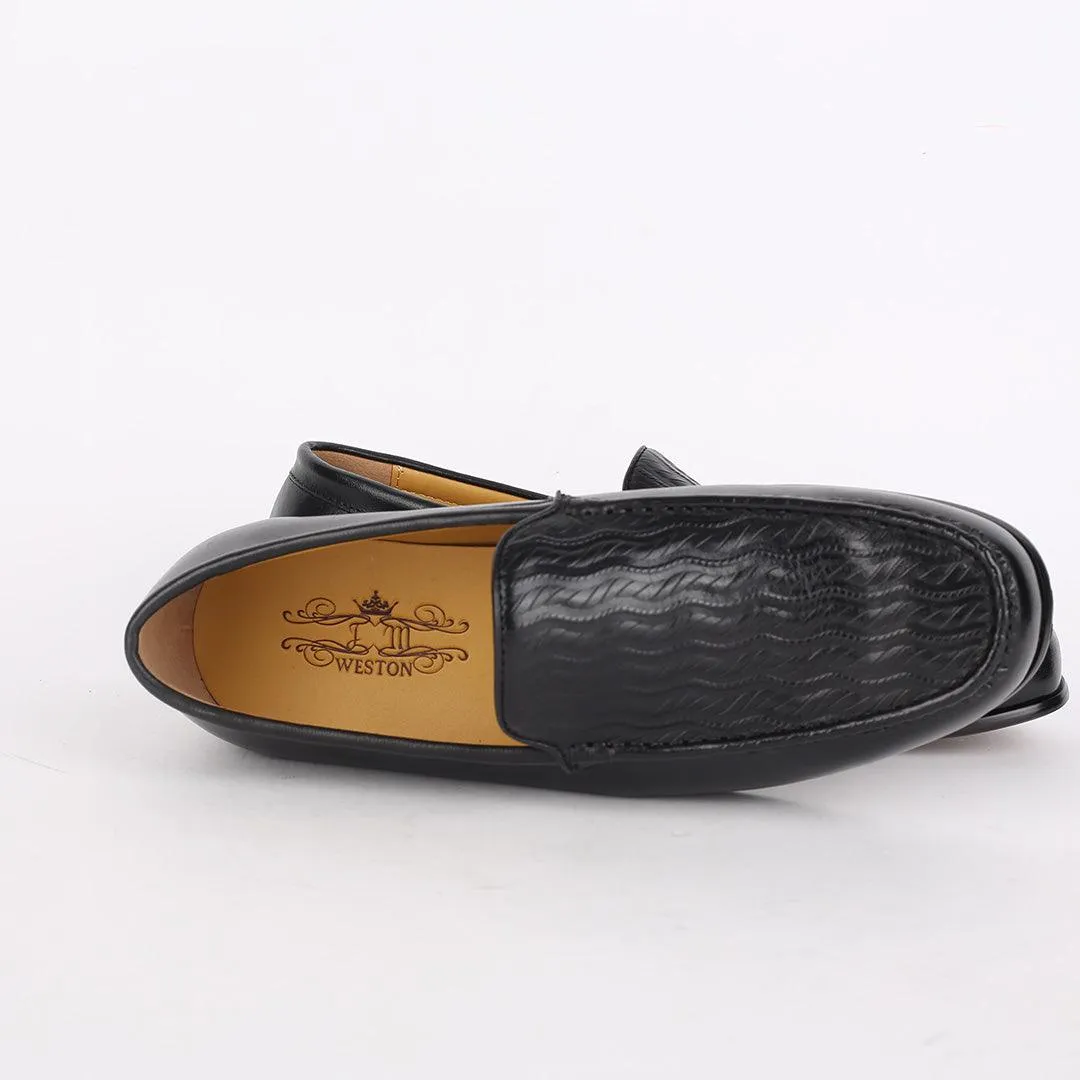 J.M Weston Black Classic Loafers Shoe With Crafted Designed Top